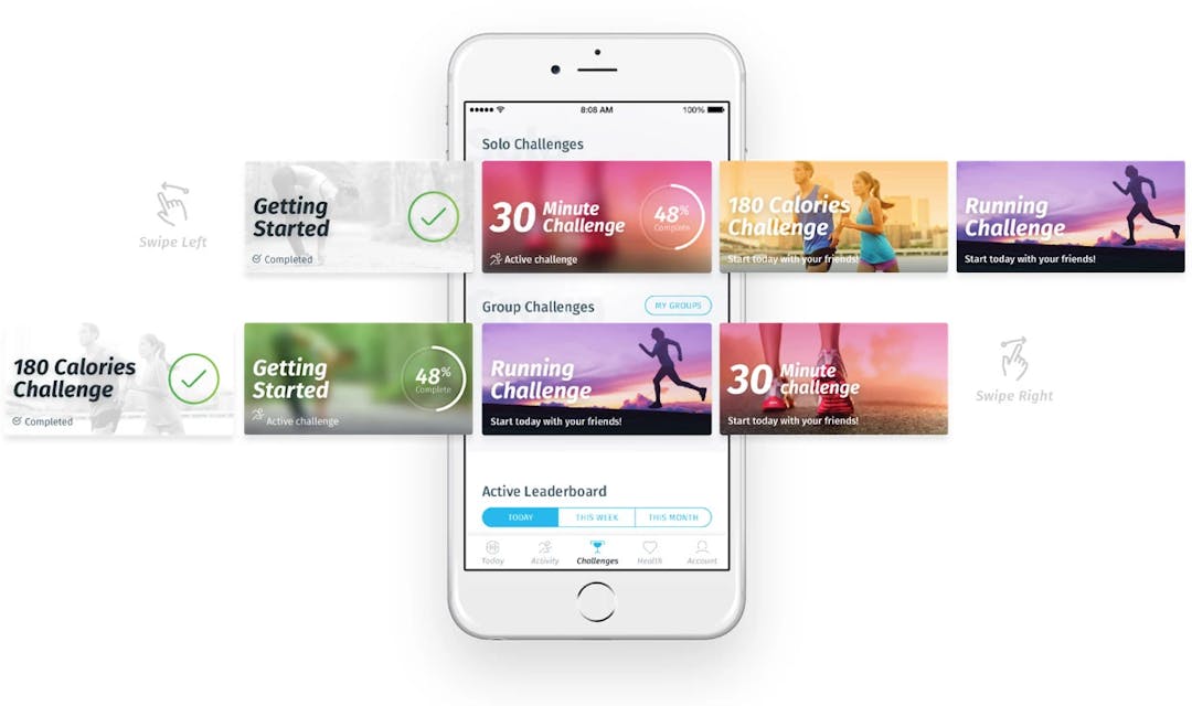 mock-ups of solo and group challenges for Healthia app