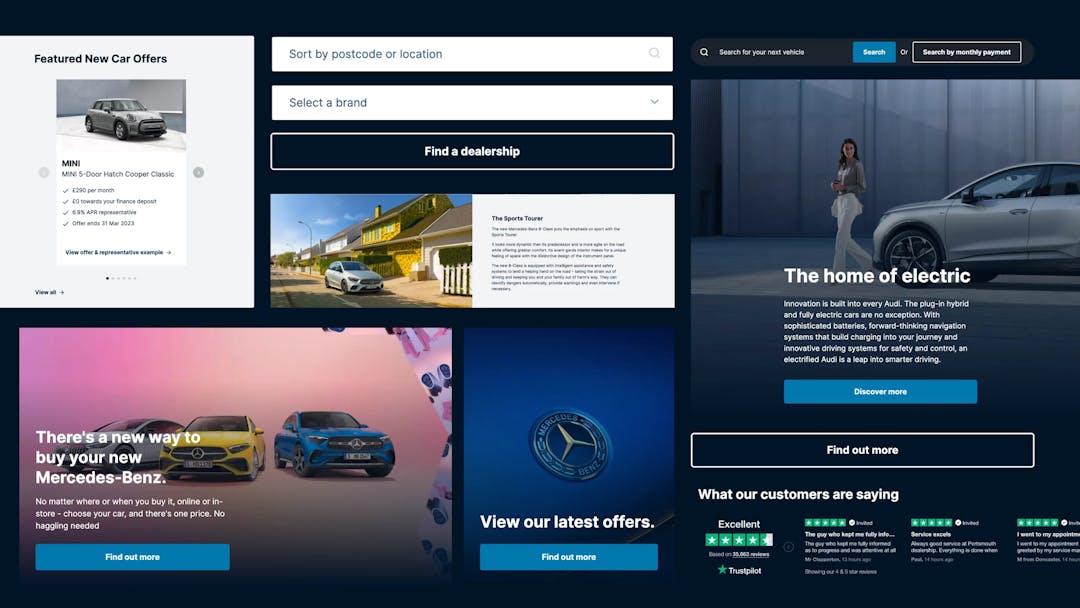 A collage of product pages and vehicle photography on Sytner website