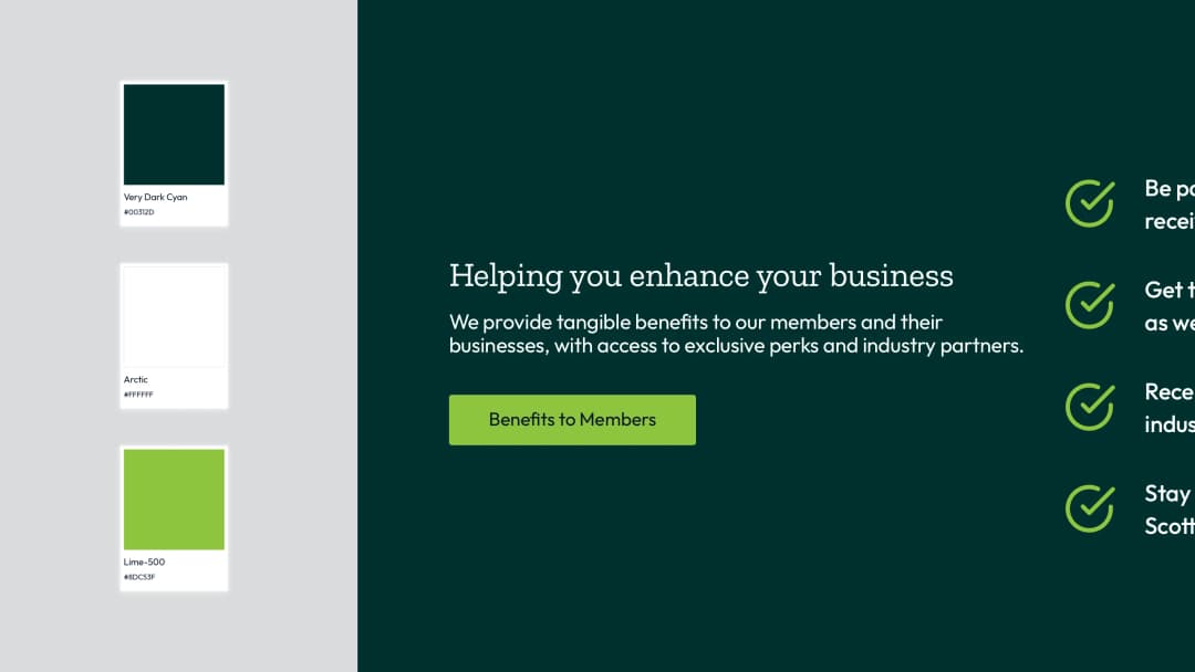 ASSC membership platform colour palette and place marketing benefits screen