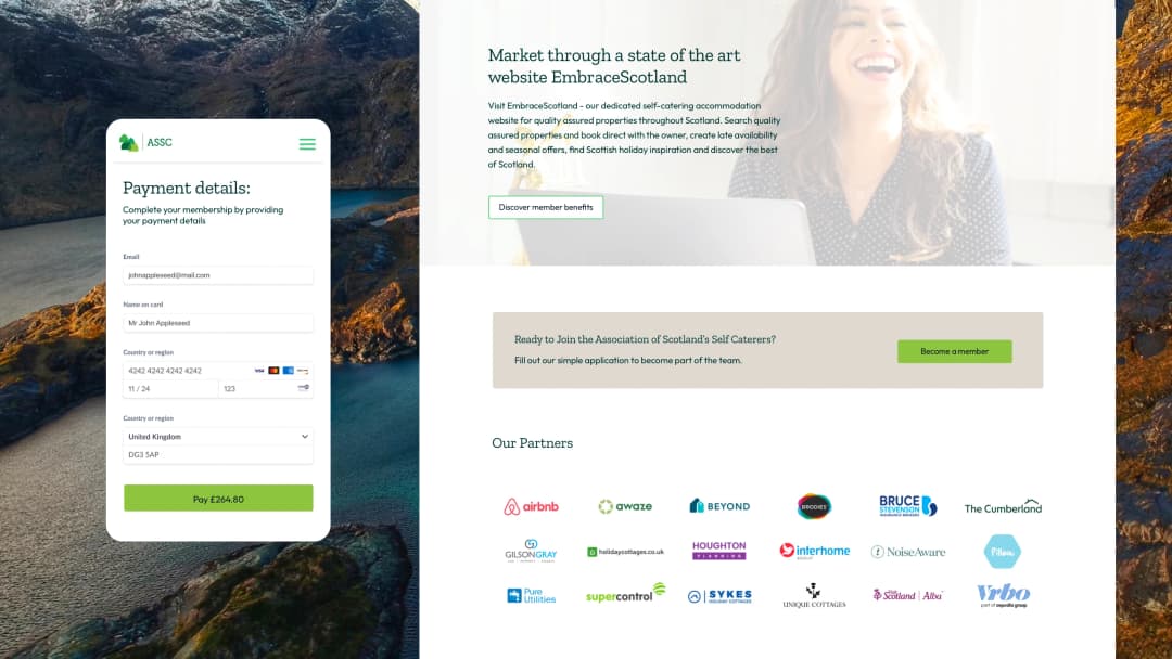 ASSC membership platform homepage and payment screens with place marketing on mobile and desktop