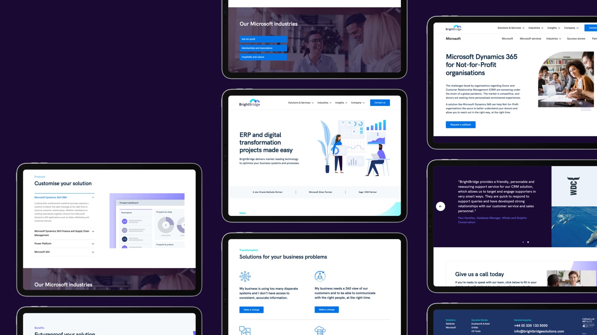 Multiple tablet screens from BrightBridge website showcasing digital transformation branding