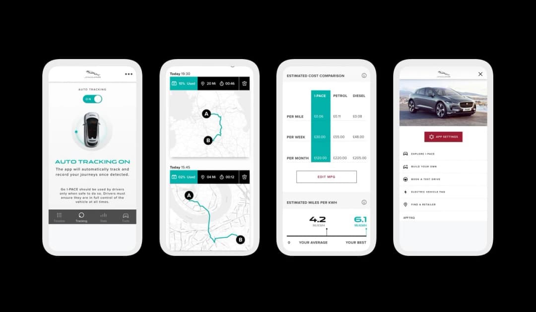 A variety of screens from Jaguar I-Pace app