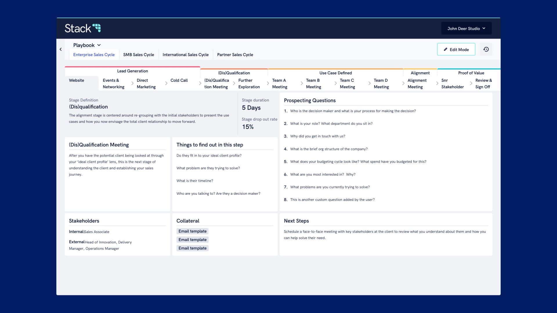 Stack interface showing Enterprise Sales Cycle as part of SaaS design and development
