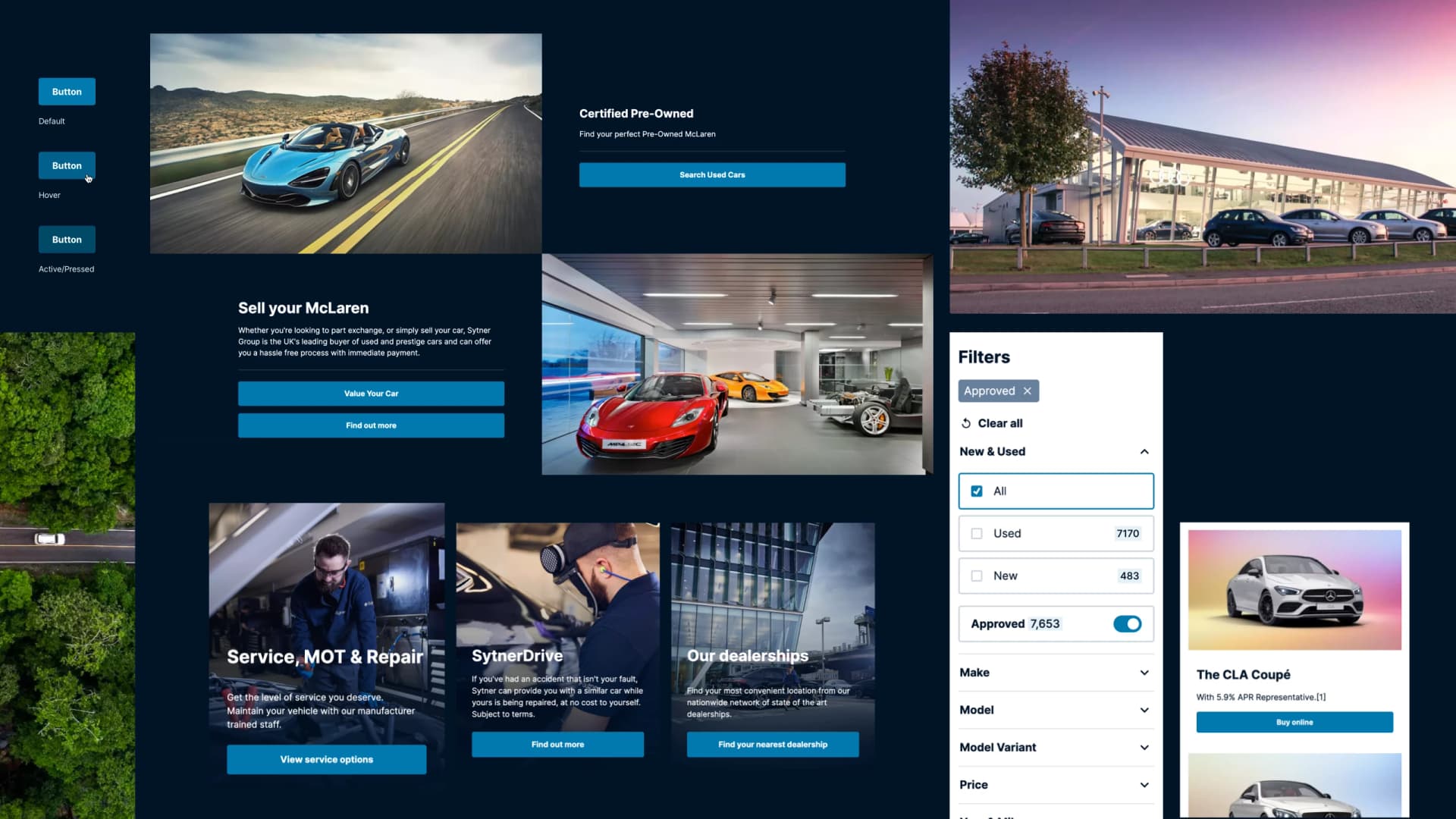 A collage of product pages and vehicle photography showcasing the automotive website design system on Sytner’s website
