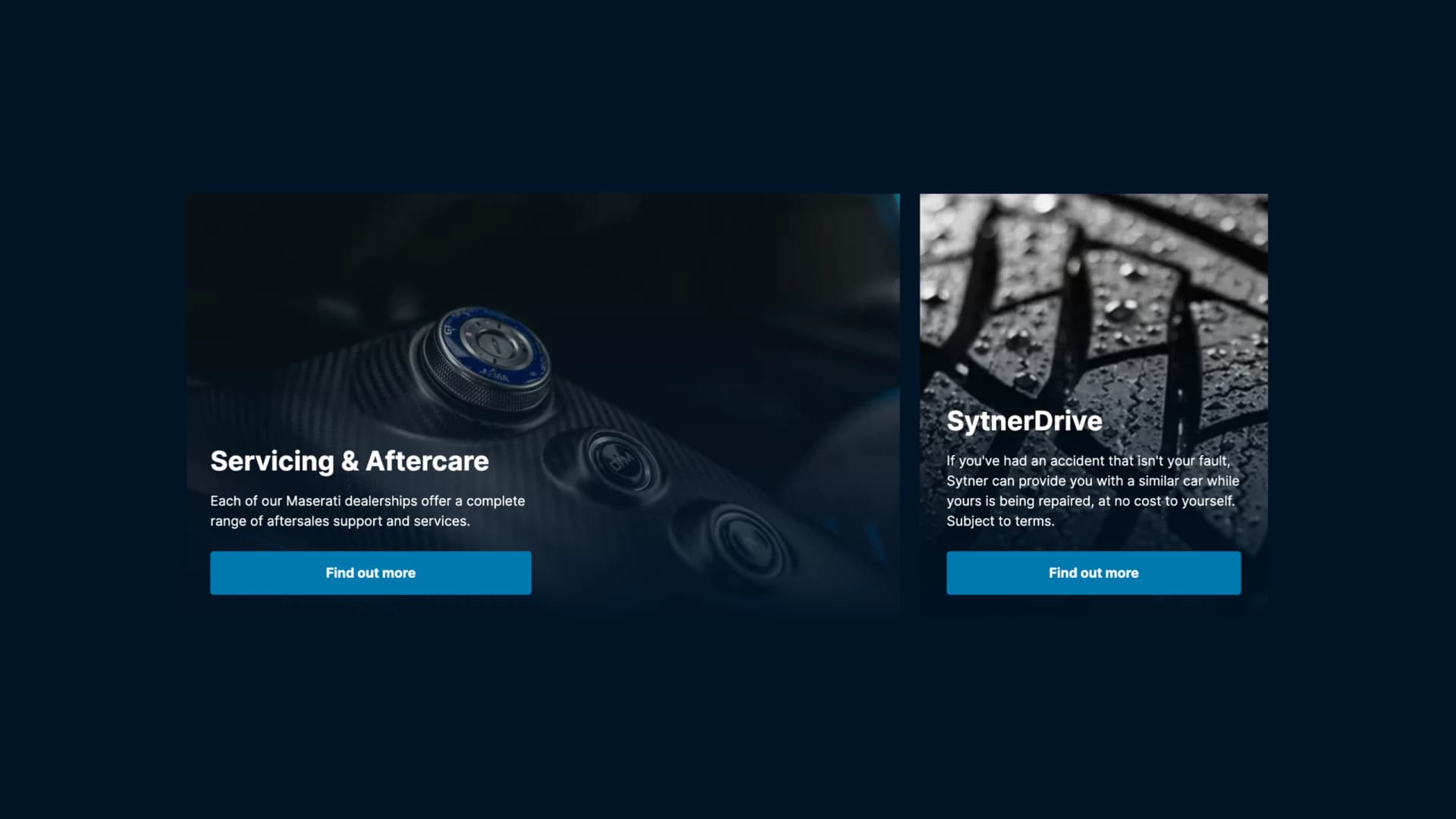 Calls-to-action on Sytner website highlighting "servicing and aftercare" and "sytnerdrive" within the automotive website design system