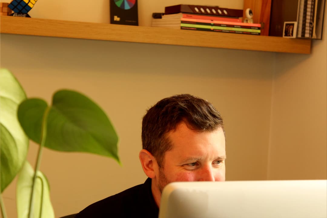 Design Director Lee sat at desk looking at monitor, with houseplant in the foreground