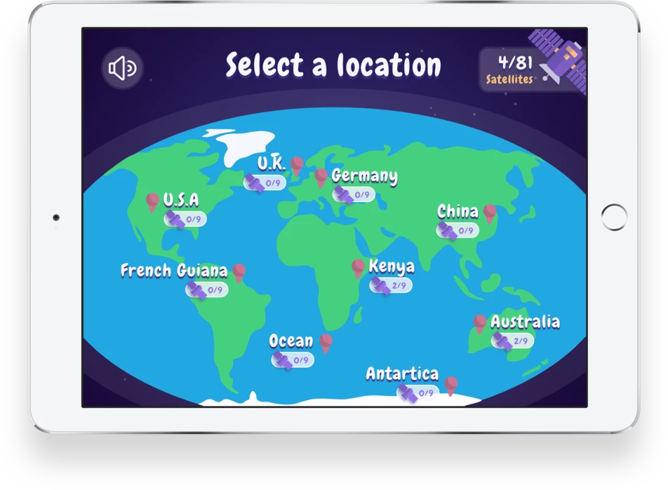 "Select a location" app screen, showing satellite locations around the globe